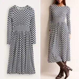 Boden Thea Long Sleeve Midi Dress US Size 12 Blue White Geo Print Pockets Stretc